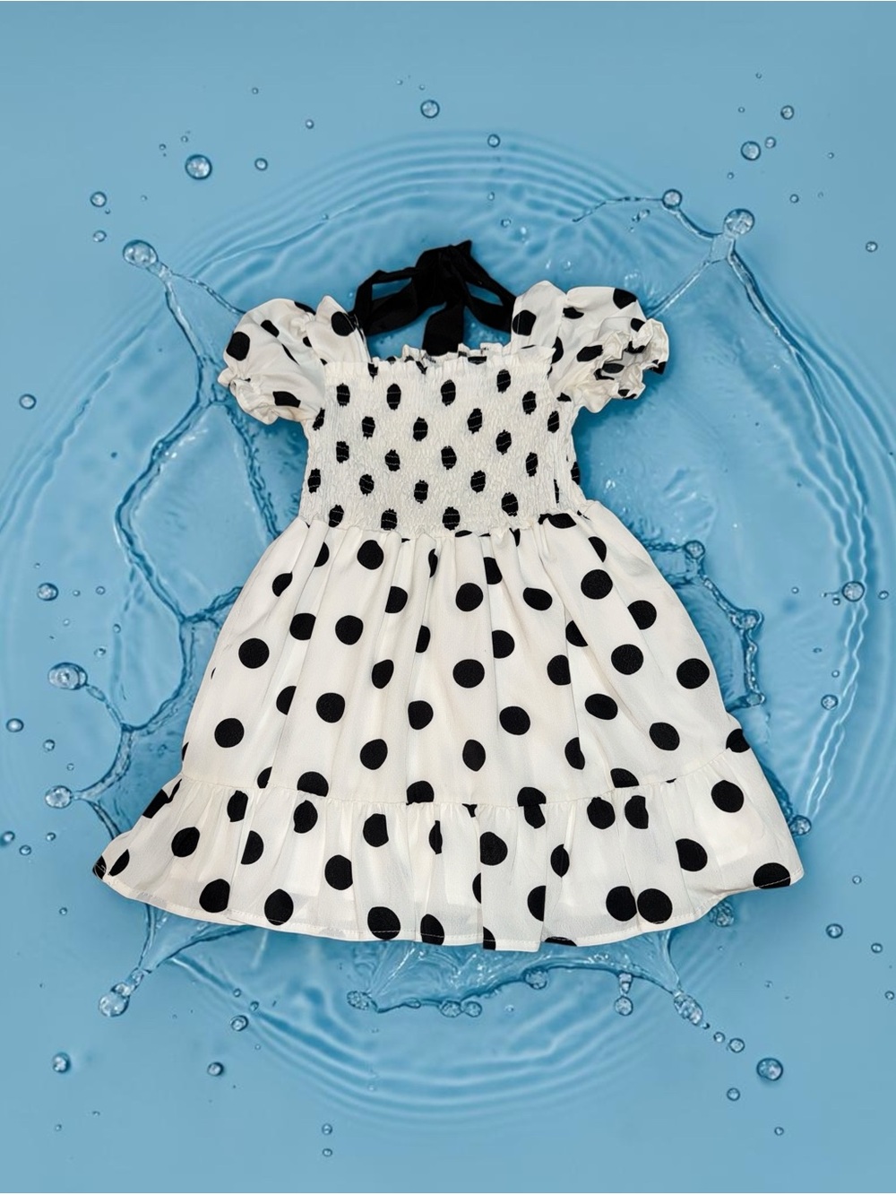 Girls' White Polka Dot Smocked Dress with Black Tie (Small)